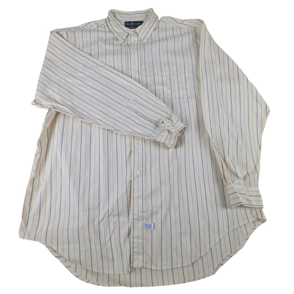 Ralph Lauren Mens Striped Button Down Shirt Cream Red Blue USA Made 17.5 x 35